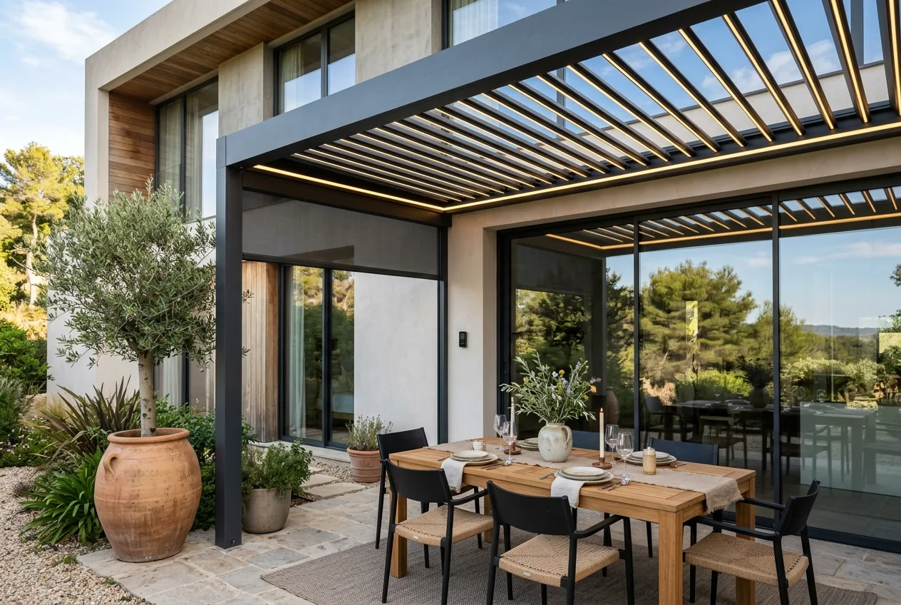 Detalle de pérgola con lamas y LED